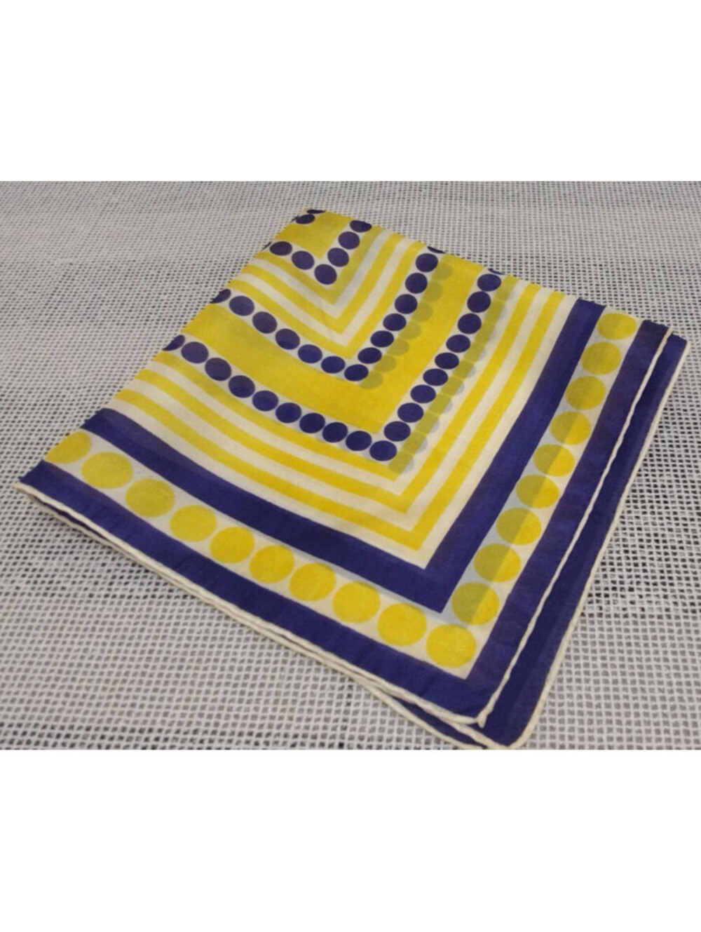 Vintage 1950s Pure Silk Handkerchief Royal Blue Polka Dot White & Yellow Stripes
